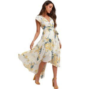 Lulu's Floral High Low Dress - White and Yellow